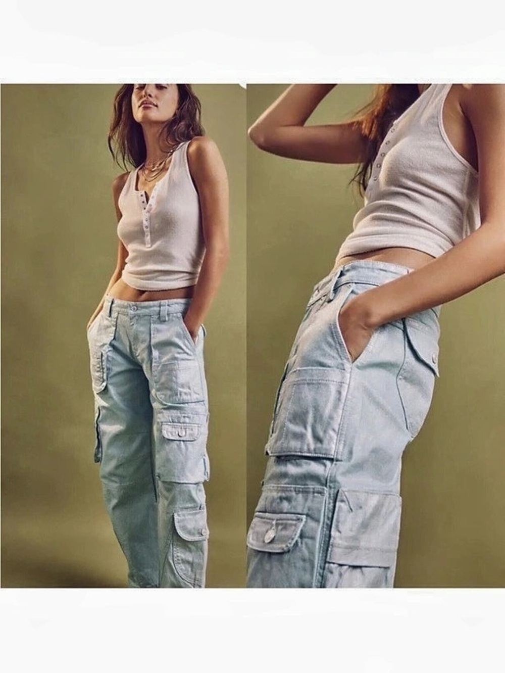 NWOT Free People Lap of Luxury Barrel Cargo Jeans Aquamarine Blue Waist 26